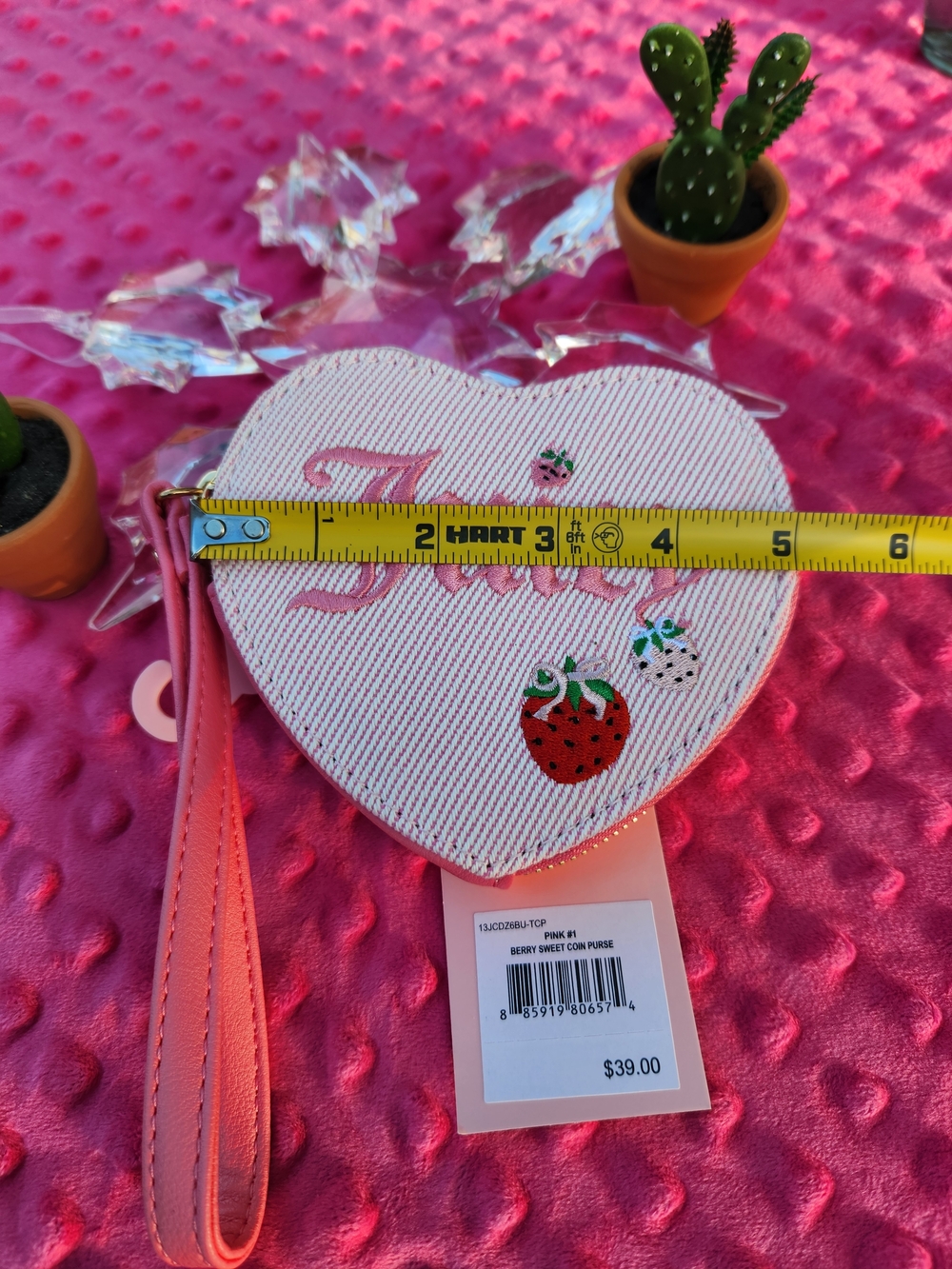 Juicy Couture Pink Heart Wristlet Coin Purse with Strawberry Embroidery - Picture 6 of 7